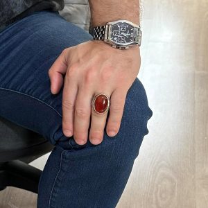 El Yapımı Gerçek Doğal Kırmızı Akik Taş Yüzük, 925 Ayar Gümüş Yüzük Erkekler İçin, Tasarım Gümüş Erkek Yüzüğü - Görsel 3