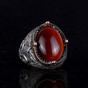 925 Ayar Gümüş El Yapımı Erkek Yüzük - Çeşitli Doğal Taşlarla Mevcut (Kırmızı Akik) - Görsel 5