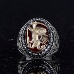 Gerçek Doğal Akik Taşı Aslan Yüzüğü - Oymalı ve Kazınmış Taş 925 Ayar Gümüş Erkek Yüzüğü - Görsel 4