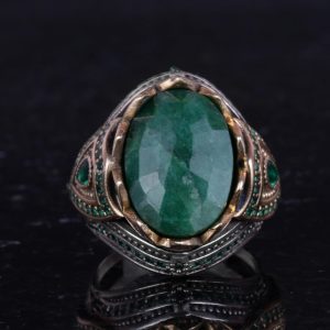 Gerçek Doğal Taş El Yapımı Yüzük - 925 Ayar Gümüş Şık Yüzük (Zümrüt) - Görsel 4