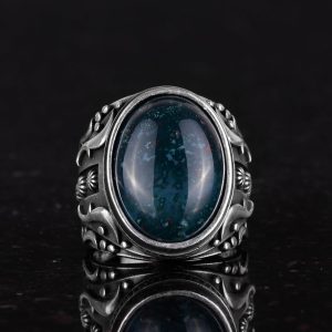 Doğal Yeşil Kan Taşı Yüzük, 925 Ayar Gümüş Yüzük, Tasarım Gümüş Erkek Yüzüğü - Görsel 4