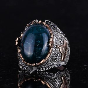 925 Ayar Katı Gümüş Yüzük, Camii Yeşil Kan Taşı Yüzük - Görsel 3