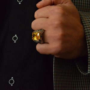 925 Ayar Gümüş Doğal Citrine Taşlı Erkek Gümüş Yüzük, Citrine Taşlı Erkek Yüzüğü, El Yapımı Oymalı Erkek Gümüş Yüzük, Türk Gümüş Yüzüğü, Sarı - Görsel 3