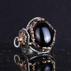 Gerçek Doğal Oniks Taşı Yüzük, Aslan Sembol Yüzük, 925 Ayar Sert Gümüş Erkek Yüzüğü - Görsel 4