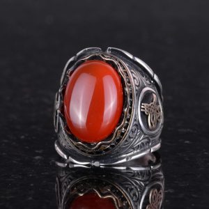 El Yapımı Doğal Kırmızı Akik Taşı Yüzük, Osmanlı Gümüş Tuğra 925 Sert Gümüş Yüzük Erkekler İçin - Görsel 6