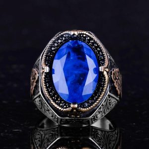 Navy Mavi Paraiba Yapay Taş Yüzük, 925 Ayar Gümüş Yüzük, Şık El Yapımı Gümüş Erkek Yüzüğü - Görsel 3