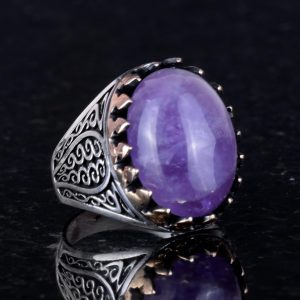 925 Ayar Sert Gümüş Erkek Yüzük - Doğal Taşlı El Yapımı Zarafet (Ametist Taşı) - Görsel 4