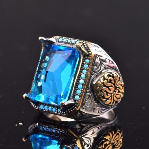 925 Ayar Gümüş Erkek Yüzük, Yapay Akuamarin Taşı ve Karmaşık Oymalı Tasarım ile - Görsel 4