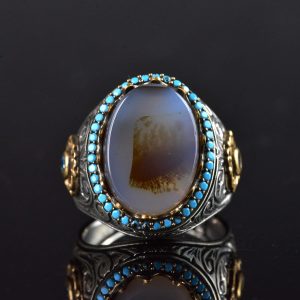 Gerçek Doğal Yemen Akik Taşı Yüzük, El Yapımı Tughra Tasarımı, 925 Ayar Gümüş Erkek Yüzük - Görsel 6