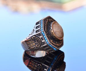 Gerçek Doğal Taş Yüzük - 925 Ayar Gümüş Erkek İslami Özel Yüzük Al-Aksa Camii Tasarımı (Sarı Safir) - Görsel 4