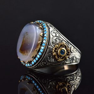 Gerçek Doğal Yemen Akik Taşı Yüzük, El Yapımı Tughra Tasarımı, 925 Ayar Gümüş Erkek Yüzük - Görsel 3