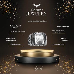 Sterling Gümüş Erkek Yüzük Doğal Kristal Taş Dikdörtgen Şekilli Erkek Yüzük - Görsel 2