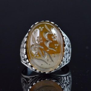 Gerçek Doğal Yemen Ametist Taşı Yüzük, 925 Ayar Gümüş Erkek İslami Yüzük, El Yapımı Hat Sanatı Tasarımı - Görsel 3