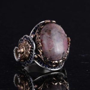 El Yapımı Gerçek Doğal Rodonit Taşı Yüzük, 925 Ayar Sert Gümüş Yüzük, Aslan Başı Erkek Yüzüğü - Görsel 6