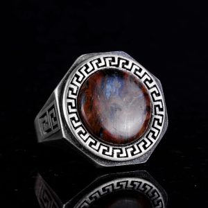 Gerçek Doğal Taş Yüzük - 925 Ayar Saf Gümüş El Yapımı Erkek Yüzük (Pietersite) - Görsel 5