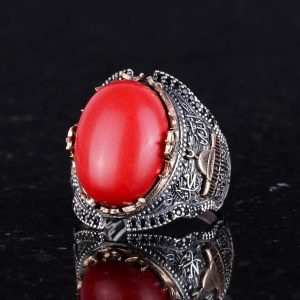 Kırmızı Mercan Yapay Taş Yüzük, İslami Camii Gümüş Yüzük, 925 Ayar Gümüş Yapay Taş Yüzükler - Çeşitli & Farklı Koleksiyon - Görsel 3