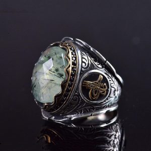 Gerçek Prehnit Taşlı Yüzük, El Yapımı Osmanlı Tasarımı 925 Ayar Gümüş Erkek Yüzüğü - Görsel 4