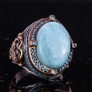925 Ayar Gümüş Yüzük, Doğal Larimar Taşı ile El Yapımı Vintage Erkek Beyan Yüzüğü - Görsel 5