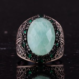 Gerçek Doğal Amazonit Taşı Yüzük - 925 Ayar Gümüş El Yapımı Erkek Takısı, Özgün Tasarım - Görsel 4