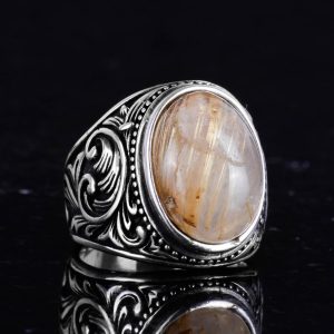 925 Ayar Katı Gümüş Erkek Yüzük, Gerçek Doğal Cabochon Altın Rutilat Kuvars Taşı Yüzük, Tasarım Gümüş Erkek Yüzük - Görsel 5