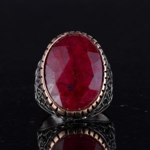 Gerçek Doğal Yakut Taşlı Yüzük, 925 Ayar Katı Gümüş Yüzük Erkekler İçin, Büyük Yüzük - Görsel 3
