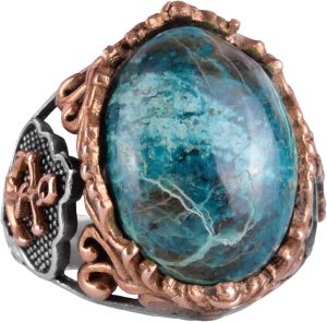 Gerçek Kaplan Göz Taşı Yüzük, Demir Yüzük, Denizci Erkek Yüzüğü, 925 Ayar Gümüş Yüzük (Krisokolla) - Görsel 1