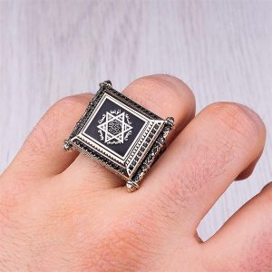 Erkek Oniks Taş Yüzük, Davud Yıldızı Tasarımı, 925 Ayar Gümüş El Yapımı Vintage Tarzı, Şifa Kristali Takı - Görsel 3