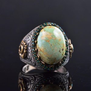 925 Ayar Gümüş Erkek Yüzük Doğal Arizona Turkuaz Taşı ve Ayrıntılı Oymalı Tasarım - Görsel 6