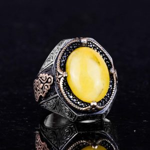 925 Ayar Katı Gümüş Yüzük - Doğal Sarı Akik Taşı Yüzük, Gümüş Erkek Yüzüğü - Görsel 6