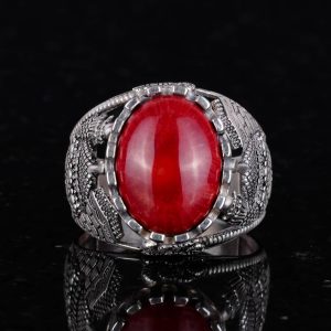 925 Ayar Gümüş Yüzük, Kırmızı Mercan Taşlı Yüzük, İslami Camii Gümüş Yüzük - Görsel 3