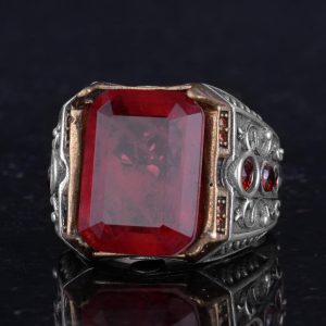 925 Ayar Gümüş El Yapımı Erkek Yüzük - Yapay Taş Yüzük - Erkek Yüzük (Yapay Kırmızı Paraiba) - Görsel 6