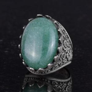 Gerçek Doğal Taş Yüzük - Gül Desenli Yüzük - 925 Ayar Gümüş Yüzük - El Yapımı Büyük Yüzük (Aventurin) - Görsel 6