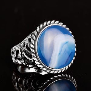 Gerçek Doğal Mavi Akik Taşı Yüzük, 925 Ayar Gümüş Yüzük, Gerçek Taş Yüzük - Görsel 4