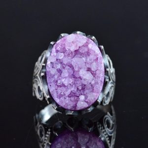 Gerçek Drusy Kuvars Taş Yüzük, 925 Ayar Gümüş Erkek Yüzük, El Yapımı Cesur Takı - Görsel 6