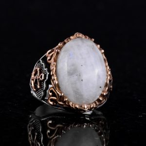 925 Ayar Saf Gümüş Erkek Yüzük, Doğal Ay Taşı Taşları - El Yapımı Tasarım, Denizci Çapa Yüzüğü - Görsel 4