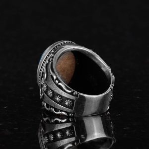 Doğal Mavi Ateş Kehribar Taşlı Yüzük, 925 Ayar Gümüş Yüzük Erkekler İçin, Tasarım Gümüş Erkek Yüzüğü - Görsel 7