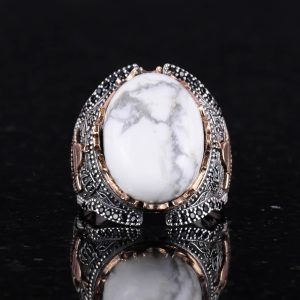 İslami Camii Doğal Howlite Taşlı Erkek Yüzük, 925 Ayar Gümüş Yüzük - Görsel 4