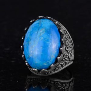 925 Ayar Gümüş Yüzük - Gül Desenli Yüzük - Erkekler için Oluşturulmuş Taş Yüzük (Oluşturulmuş Turkuaz) - Görsel 6