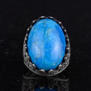 925 Ayar Gümüş Yüzük - Gül Desenli Yüzük - Erkekler için Oluşturulmuş Taş Yüzük (Oluşturulmuş Turkuaz) - Görsel 4