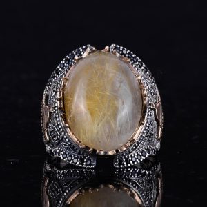 Doğal Cabochon Altın Rutilli Kuvars Taşı Camisi Yüzüğü, 925 Ayar Katı Gümüş Erkek Yüzüğü - Görsel 4