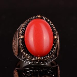 David Yıldızı Yüzük, Yapay Taş Yüzük, 925 Ayar Gümüş Süleyman Yüzüğü (Kırmızı Mercan Yapay) - Görsel 4