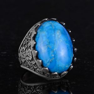 925 Ayar Gümüş Yüzük - Gül Desenli Yüzük - Erkekler için Oluşturulmuş Taş Yüzük (Oluşturulmuş Turkuaz) - Görsel 5