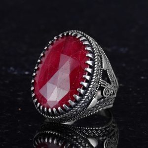 Gerçek Doğal Yakut Taşlı Yüzük - Osmanlı Tuğra Deseni - 925 Ayar Sert Gümüş Yüzük - Görsel 5