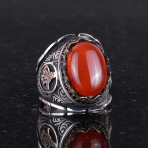 El Yapımı Doğal Kırmızı Akik Taşı Yüzük, Osmanlı Gümüş Tuğra 925 Sert Gümüş Yüzük Erkekler İçin - Görsel 5