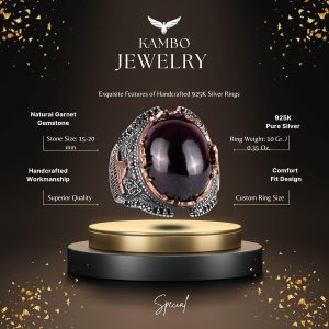 Gümüş Doğal Cabochon Granat Taşlı Yüzük, 925 Ayar Gümüş Yüzük, Farklı Yüzük - Görsel 2