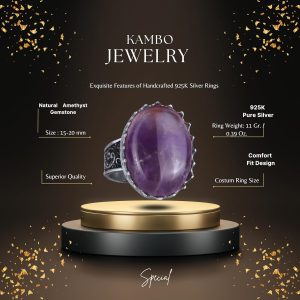Gerçek Doğal Taş Yüzük - 925 Ayar Gümüş Büyük Yüzük - El Yapımı Yüzük (Ametist) - Görsel 2