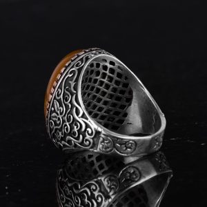 925 Ayar Sert Gümüş Yüzük, Doğal Taş Yüzük, Büyük Yüzük, Tasarım Gümüş Erkek Yüzüğü (Sarı Ağaç) - Görsel 7