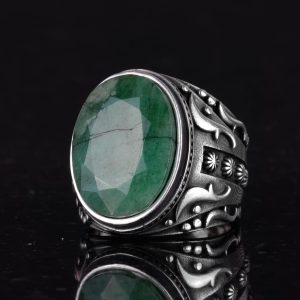 925K Saf Gümüş Erkek Yüzük, El Yapımı Doğal Zümrüt Taşlı Yüzük, Tasarım Gümüş Erkek Yüzük - Görsel 5