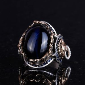 925 Ayar Gümüş Erkek Yüzük - Koyu Mavi Kedi Gözü Yapay Taş - Aslan Sembolü El Yapımı Yüzük - Görsel 5
