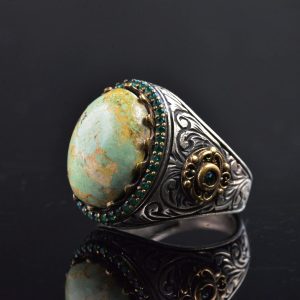 925 Ayar Gümüş Erkek Yüzük Doğal Arizona Turkuaz Taşı ve Ayrıntılı Oymalı Tasarım - Görsel 4